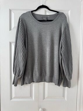 Ninety Gray Pleated-Balloon Sleeve Crew Sweater